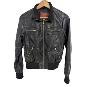 Miss London Black Faux Vegan Leather Moto Zip Biker Bomber Coat Jacket Medium M